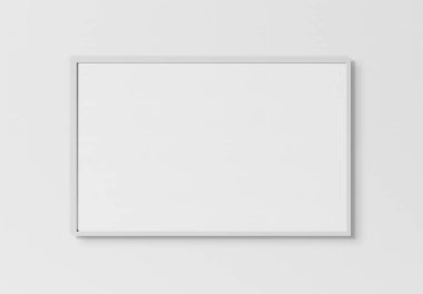 Beyaz bir dokulu duvar mockup 3d render üzerinde asılı beyaz dikdörtgen yatay çerçeve