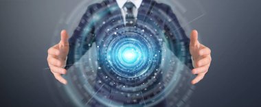 Dijital Ağ Bağlantısı arabirimi 3d rendering kullanarak arka plan bulanık üzerinde işadamı