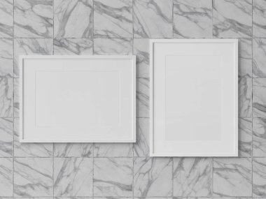 Mockup 3d render mermer bir duvarda asılı beyaz dikdörtgen çerçeve
