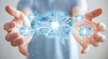 Yapay zeka bir dijital beyin 3d render oluşturma bulanık arka plan üzerinde işadamı