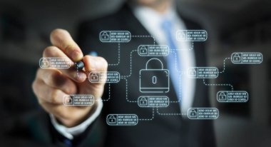 İnce çizgi web güvenlik arabirimi çizim arka plan bulanık üzerinde işadamı