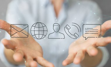 İşkadını üzerinde ince çizgi iletişim simgesini kullanarak arka plan bulanık