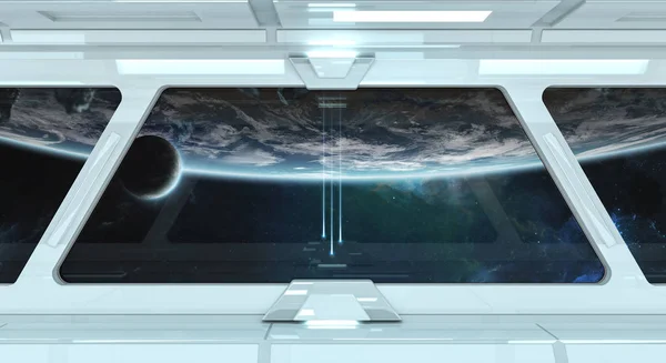 白色太空飞船内部与大窗口看法在空间3D — 图库照片