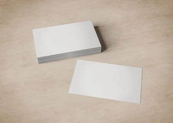 Fehér Névjegykártya Halom Fából Készült Íróasztal Makett Leképezés — Stock Fotó