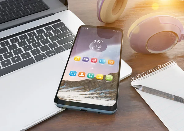 Modernes Smartphone Auf Hölzerner Desktop Attrappe — Stockfoto
