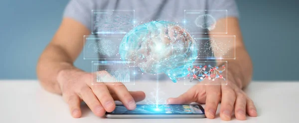 Бизнесмен Использует Цифровую Проекцию Человеческого Мозга Помощью Рендеринга Мобильного Телефона — стоковое фото