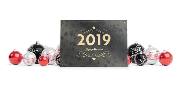 2019 Felicitaciones Tarjeta Que Pone Bolas Rojas Aisladas Representación Fondo — Foto de Stock