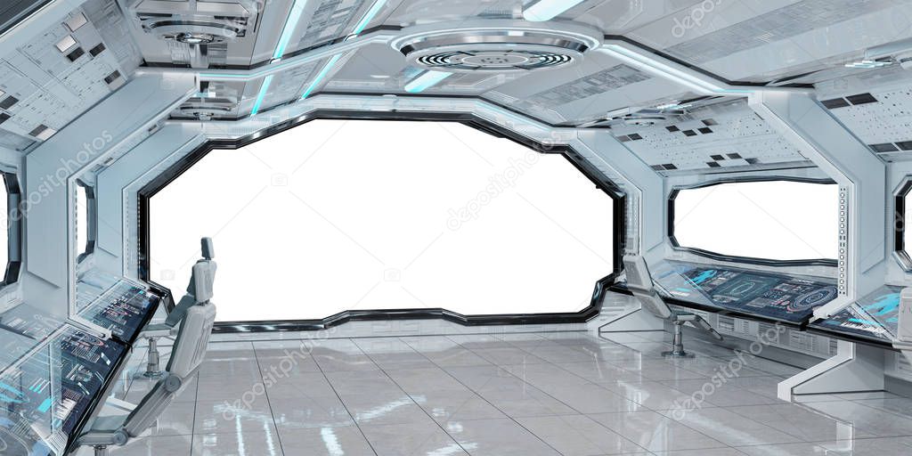 White clean spaceship interior with white background 3D rendering