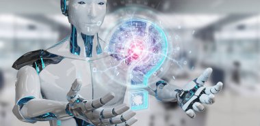 Cyborg bulanık arka plan dijital soru işaretleri 3d render ile sorun çözme