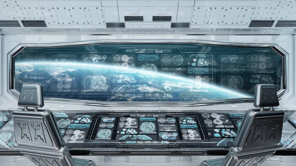White spaceship interior in space with control panel digital screens 3D rendering