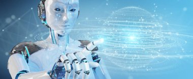 Dijital üçgen patlayan küre hologram 3B oluşturmayı kullanarak arka plan bulanık beyaz robot kadına