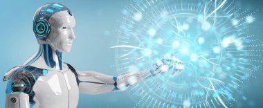 Dijital göz gözetim hologram 3B oluşturmayı kullanarak bulanık arka plan üzerinde beyaz cyborg