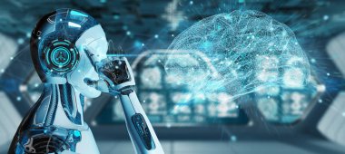 Yapay zeka 3d render oluşturma bulanık arka plan üzerinde beyaz adam insanımsı