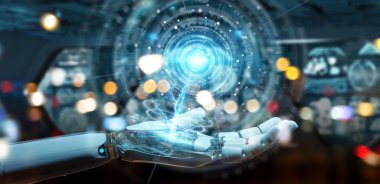 Beyaz insansı el dijital küresel ağ 3B oluşturmayı kullanarak arka plan bulanık üzerinde