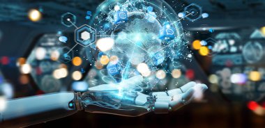 Beyaz robot el dijital ekran arabirimi 3d rendering kullanarak arka plan bulanık üzerinde