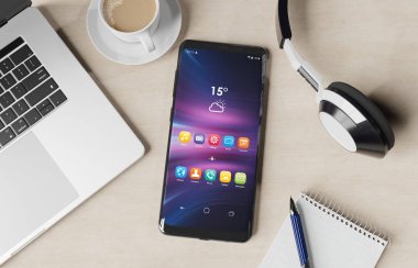 Modern smartphone ahşap masaüstü mockup 3d render döşeme