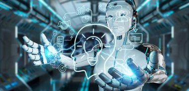 Yapay zeka arabirimi oluşturma bulanık arka plan üzerinde beyaz insanımsı