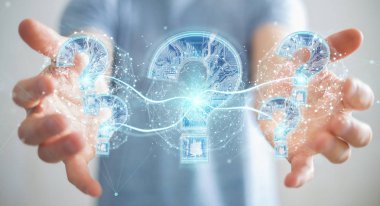 İşadamı bulanık arka plan dijital soru işaretleri 3d render ile sorun çözme