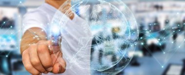 Planet earth ağ küre arabirimi 3d rendering kullanarak arka plan bulanık üzerinde işadamı