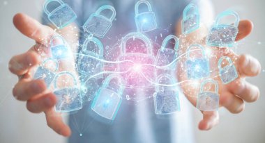 Arka plan bulanık 3d render üzerinde işadamı tarafından kullanılan web güvenlik koruma arayüzü