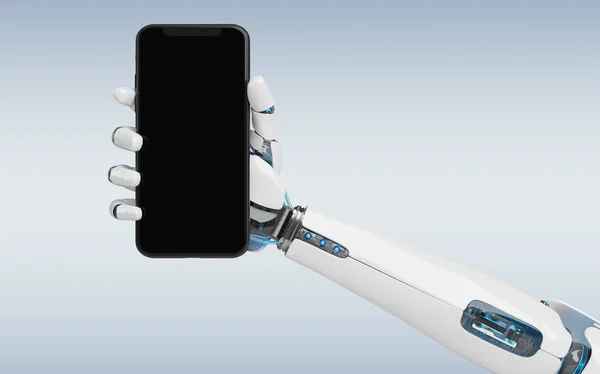 Robot Bianco Mano Tenendo Moderno Smartphone Mockup Sfondo Grigio Rendering — Foto Stock