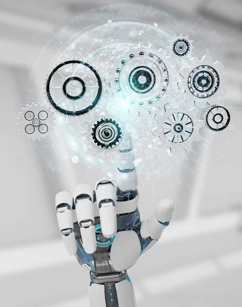 White Humanoid Robot Hand Blurred Background Using Digital Gears Rendering — Stock Photo, Image