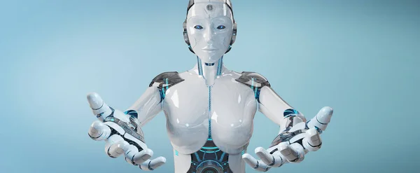 Alb Femeie Cyborg Deschiderea Două Mâini Izolate Fundal Albastru Randare — Fotografie, imagine de stoc