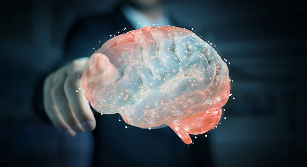 Бізнесмен Розмитому Фоні Використанням Цифрової Проекції Рендерингу Людського Мозку — стокове фото