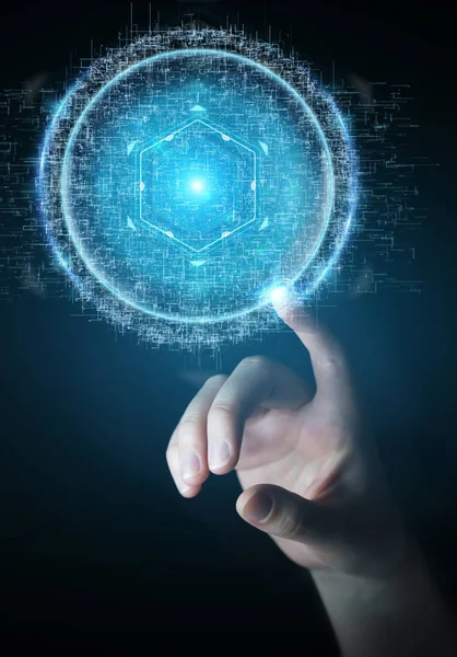 Geschäftsfrau Auf Verschwommenem Hintergrund Mit Digitalem Sphere Connection Hologramm Rendering — Stockfoto