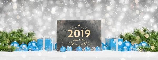 2019 Felicitaciones Tarjeta Que Pone Bolas Azules Sobre Fondo Gris — Foto de Stock