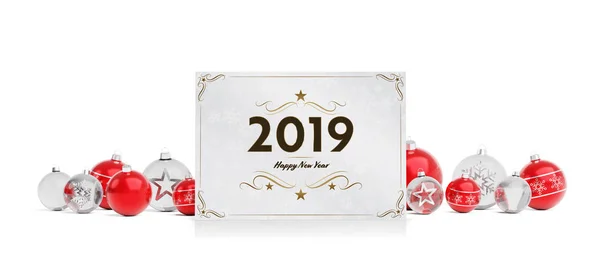 2019 Felicitaciones Tarjeta Que Pone Bolas Rojas Aisladas Representación Fondo — Foto de Stock