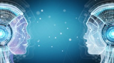 3d Render mavi arka plan üzerinde izole dijital yapay zeka cyborg arabirimi