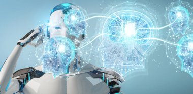 Cyborg bulanık arka planda yapay zeka 3d render oluşturma