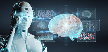 Yapay zeka 3d render oluşturma bulanık arka plan üzerinde beyaz adam insanımsı