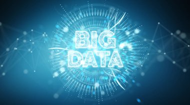 Büyük veri dijital hologram üzerinde mavi arka plan 3d render