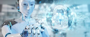 Onun veri dijital güvenlik hologram 3d render ile koruma arka plan bulanık beyaz cyborg kadın