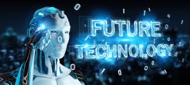 Geleceğin teknolojisi metin hologram 3B oluşturmayı kullanarak arka plan bulanık beyaz robot