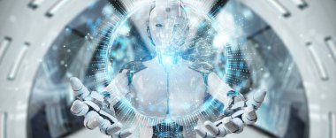 Dünya ağ hologram Avrupa ile harita 3B oluşturmayı kullanarak arka plan bulanık beyaz insansı kadınlarda