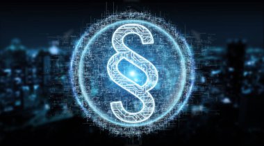 Hukuk paragraf dijital hologram mavi şehir arka plan 3d render