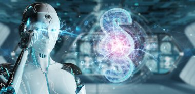 Cyborg Yargıç 3d işleme dijital paragraf hukuk simgesini kullanarak arka plan bulanık üzerinde