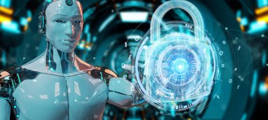 Arka plan bulanık 3d render robot tarafından kullanılan web güvenlik koruma arayüzü