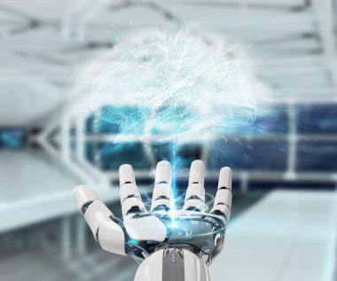 Beyaz insansı el bulanık arka plan yapay zeka 3d render oluşturma