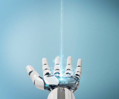 Beyaz cyborg elini 3d Render mavi arka plan üzerinde izole açma