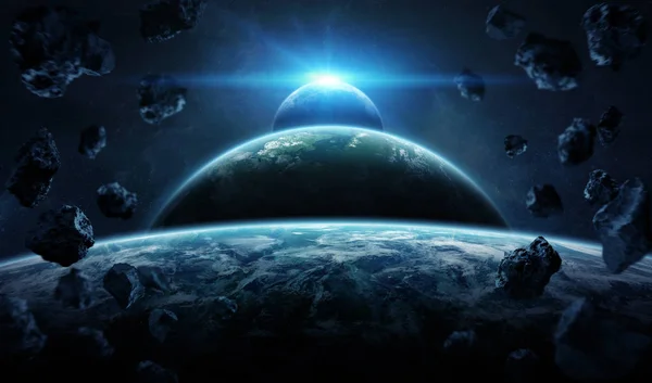 Távoli Bolygórendszer Űrben Exobolygókkal Napkeltekor Nasa Által Biztosított Kép Renderelő — Stock Fotó