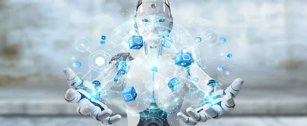 White Woman Robot Blurred Background Using Digital Screen Interface Rendering — Stock Photo, Image