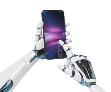 Beyaz robot el modern smartphone mockup 3d render beyaz arka plan üzerinde tutarak