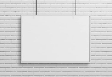 Bir duvar mockup 3d render önünde asılı beyaz bir çerçeve
