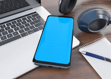 Modern smartphone ahşap masaüstü mockup 3d render döşeme