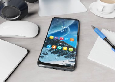 Modern smartphone beton masaüstü mockup 3d render döşeme
