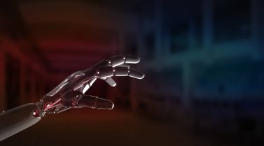 Kırmızı robot el işaret parmağı koyu arka planda 3d render